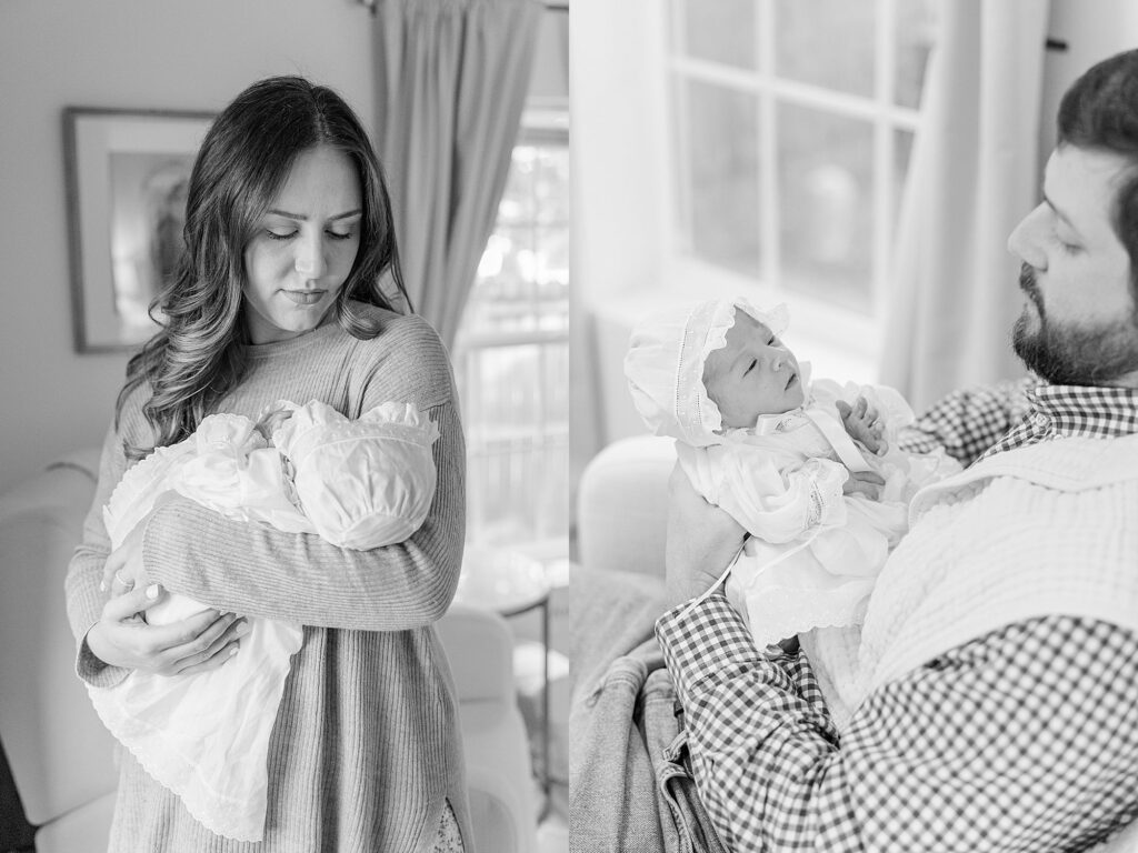 black and white portrait of mom and dad with newborn 