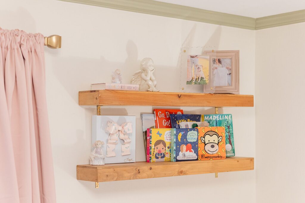 bookshelf with photos 