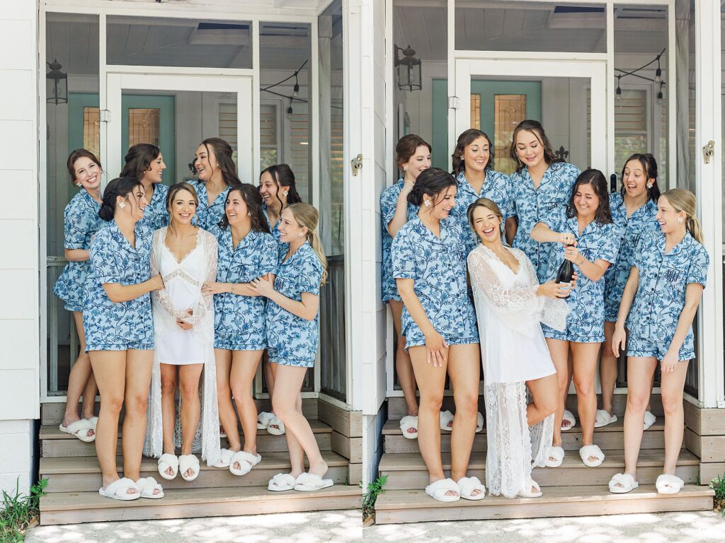 bridesmaids matching blue robes 