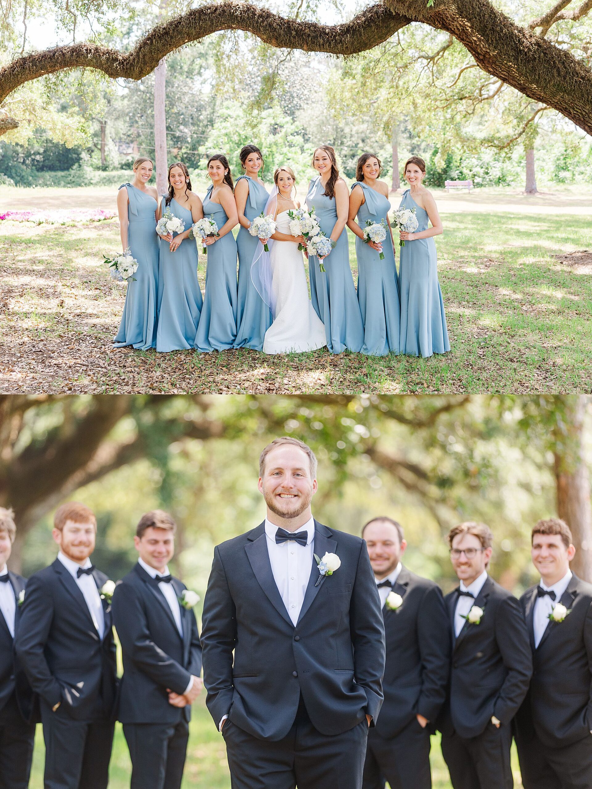 Bridesmaids with blue dresses 