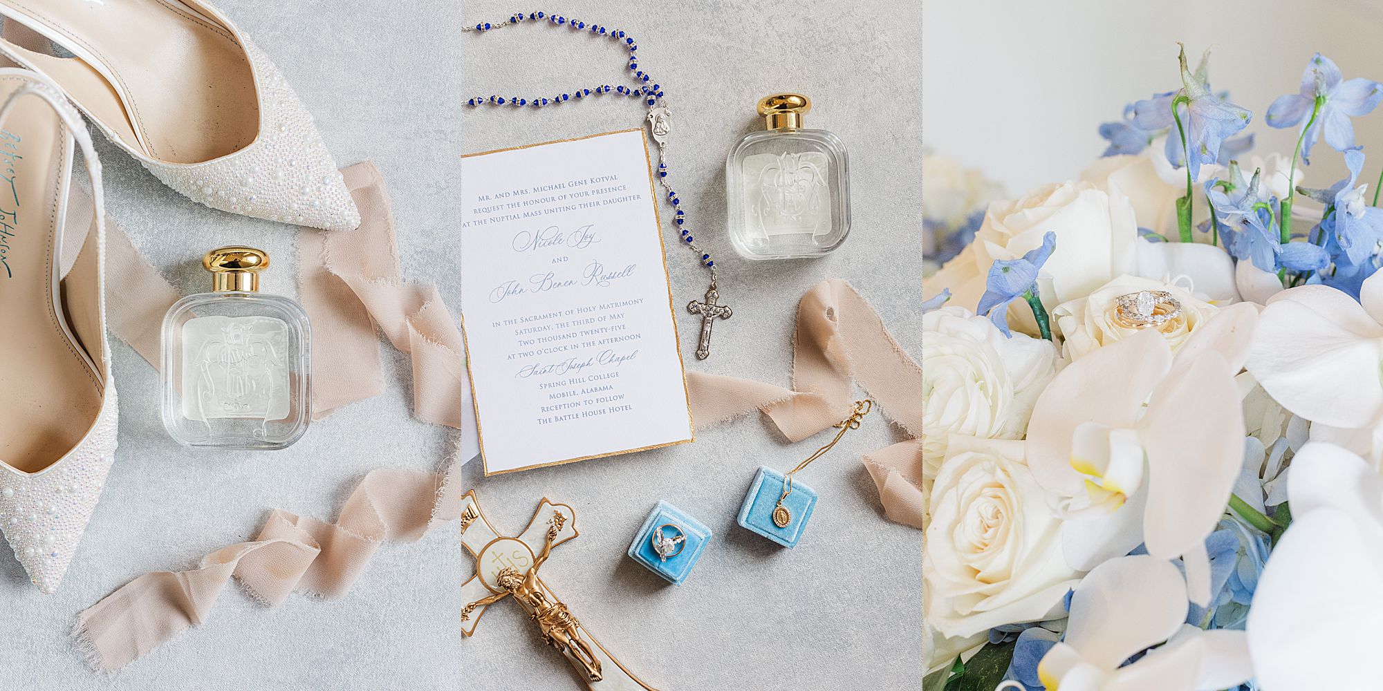 Blue and white wedding flatlay 