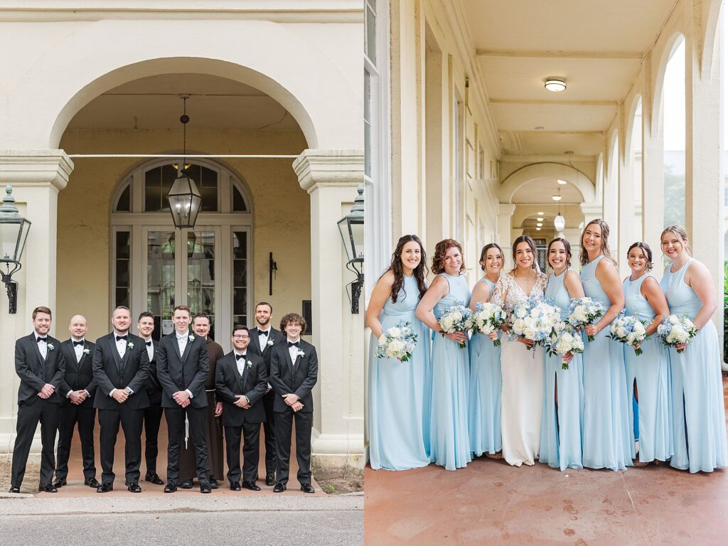 Blue dresses black tuxes 