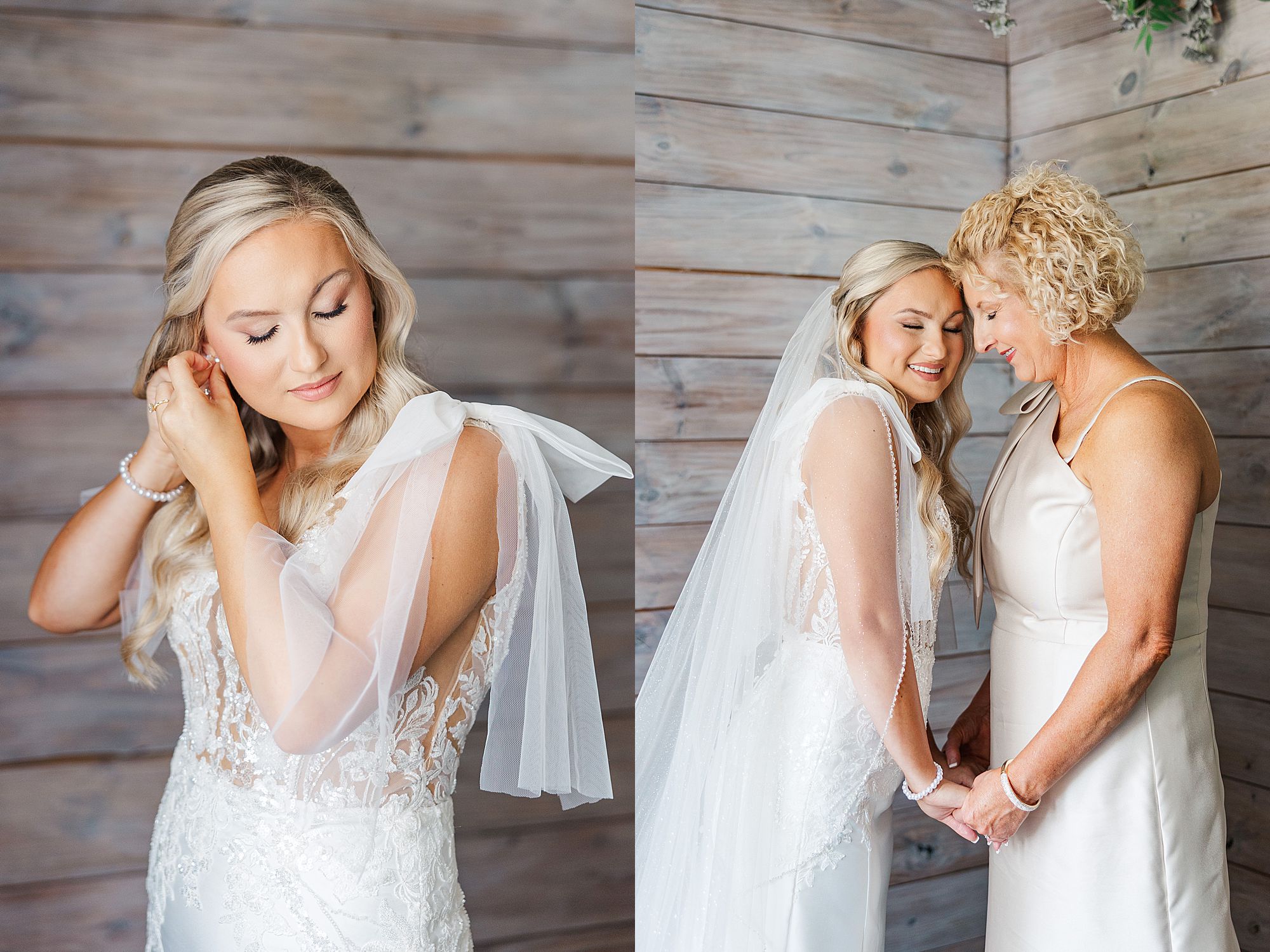 bride's mother helping her get dressed in the bridal suite 