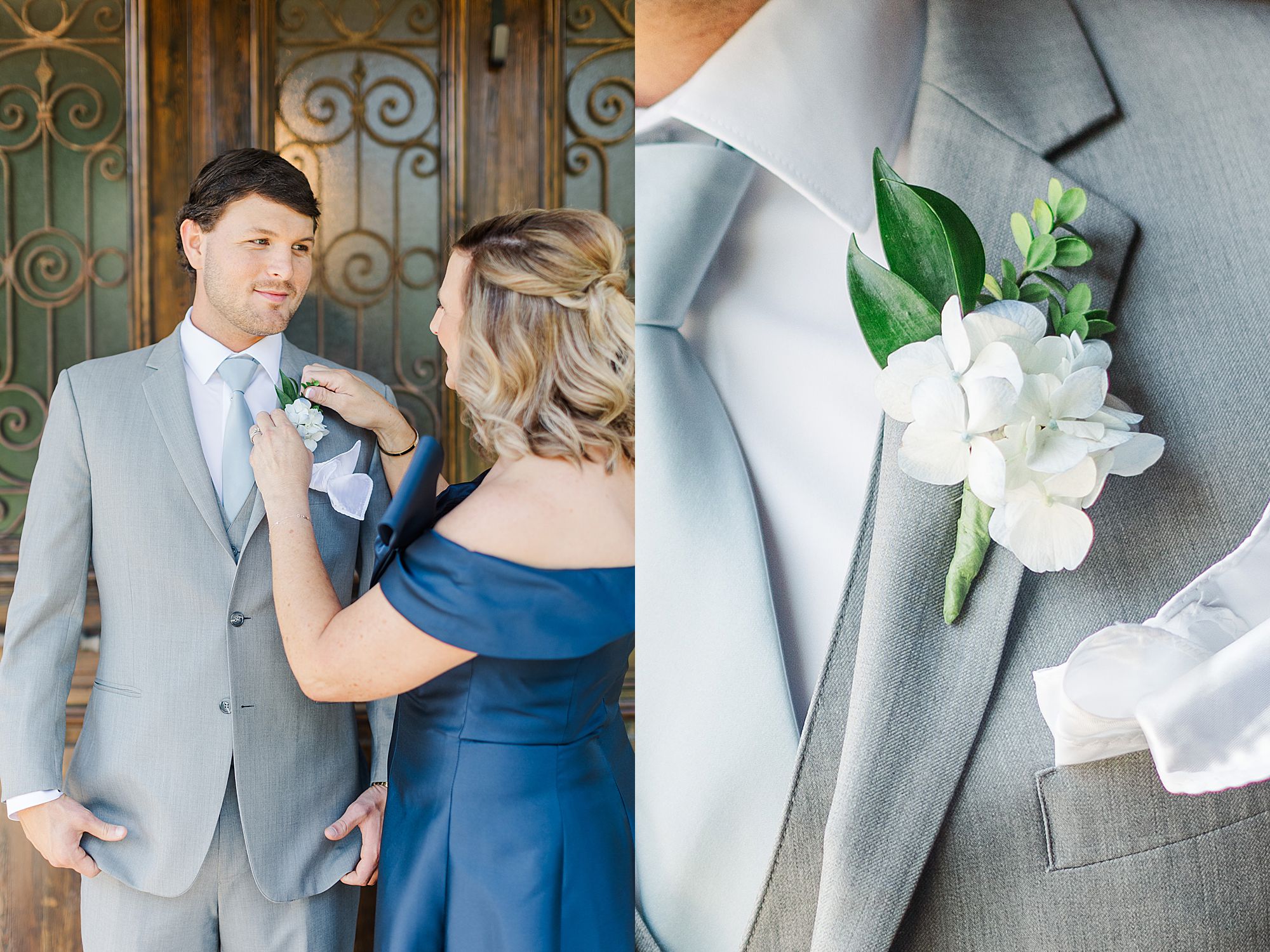 groom's mother pinning his boutonniere 