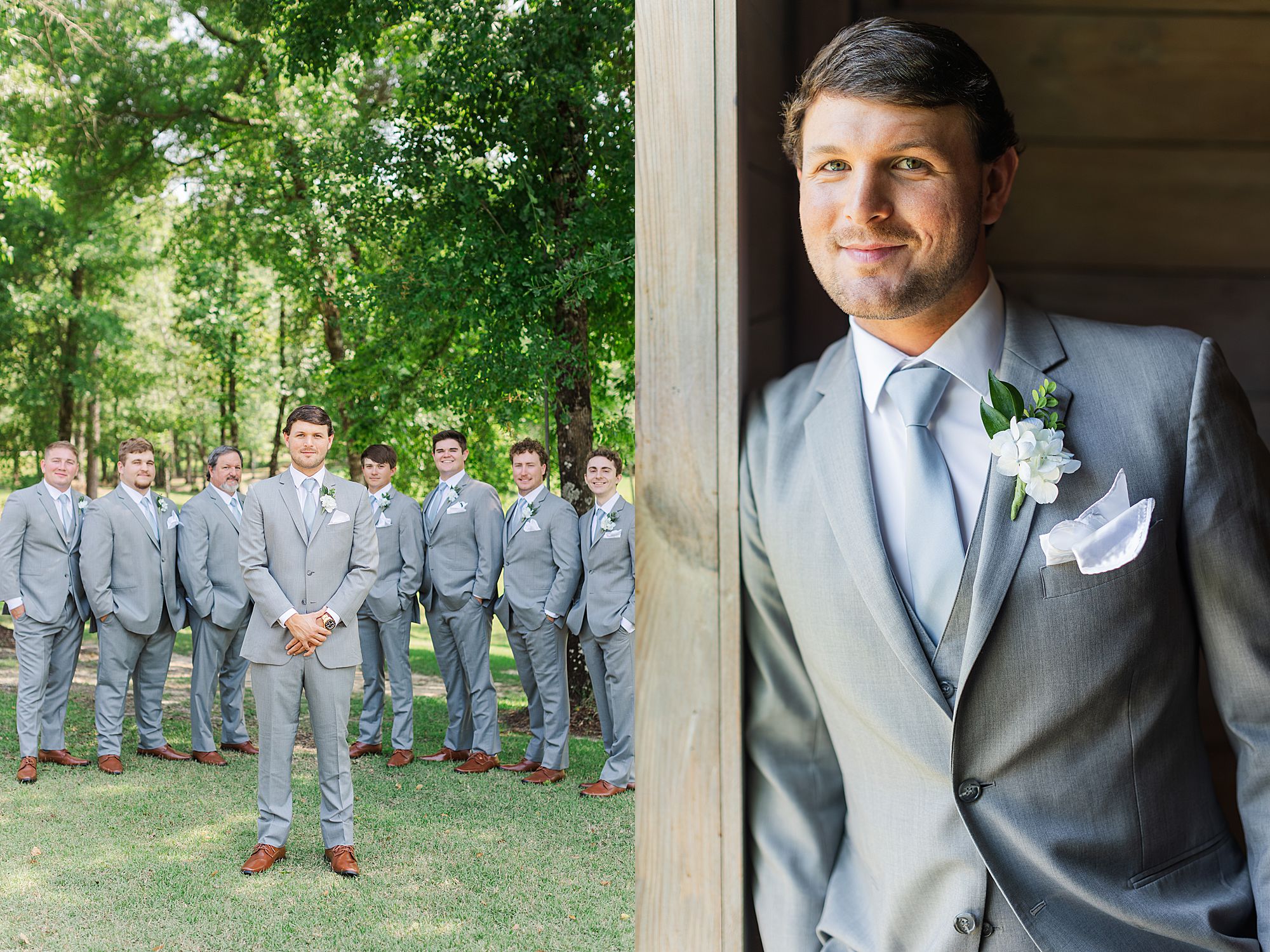 groom and groomsmen portraits with gray suits 