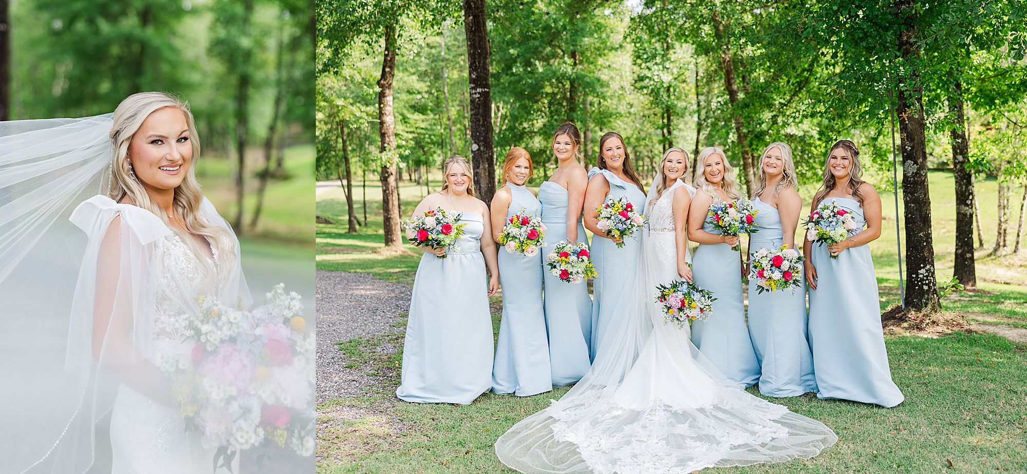 bride and bridesmaids photos in blue dresses 