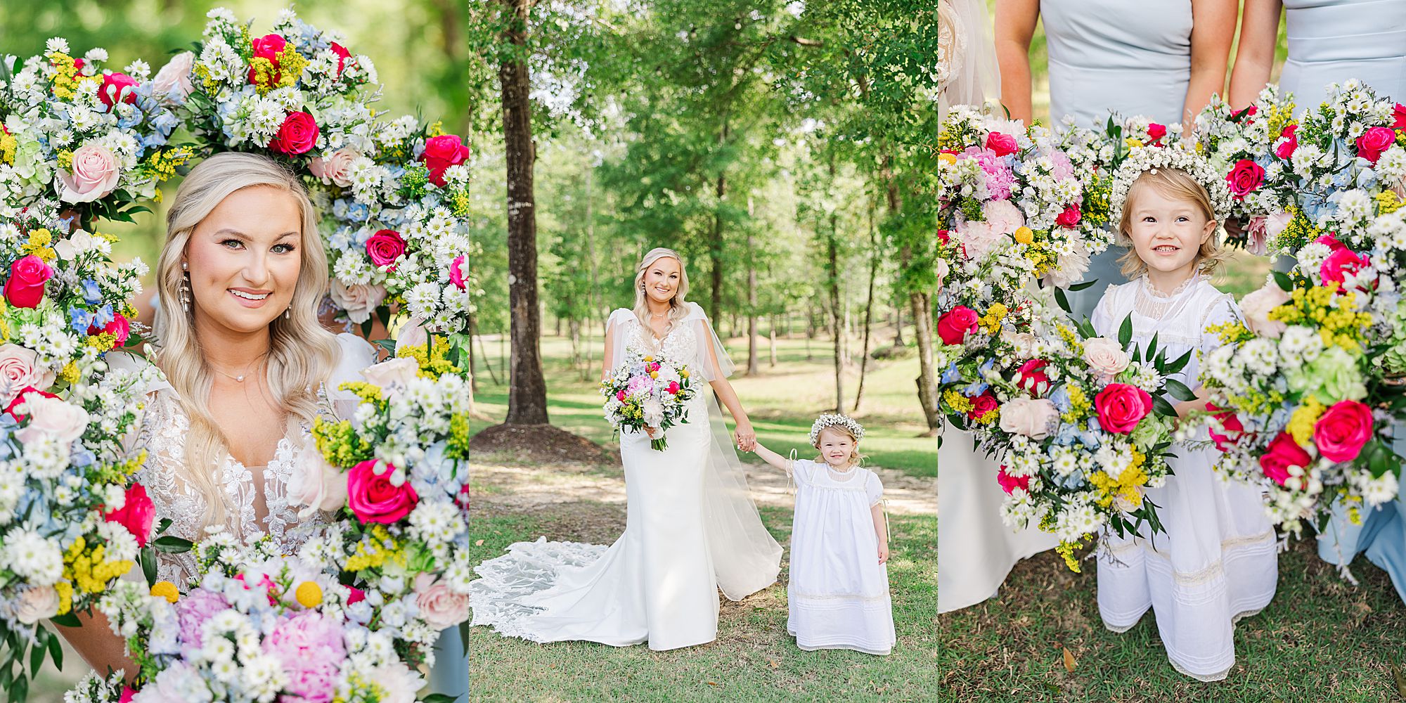 floral circle around faces of bride and flowergirl 