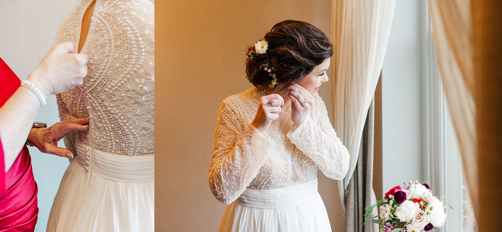 bride getting ready with mom