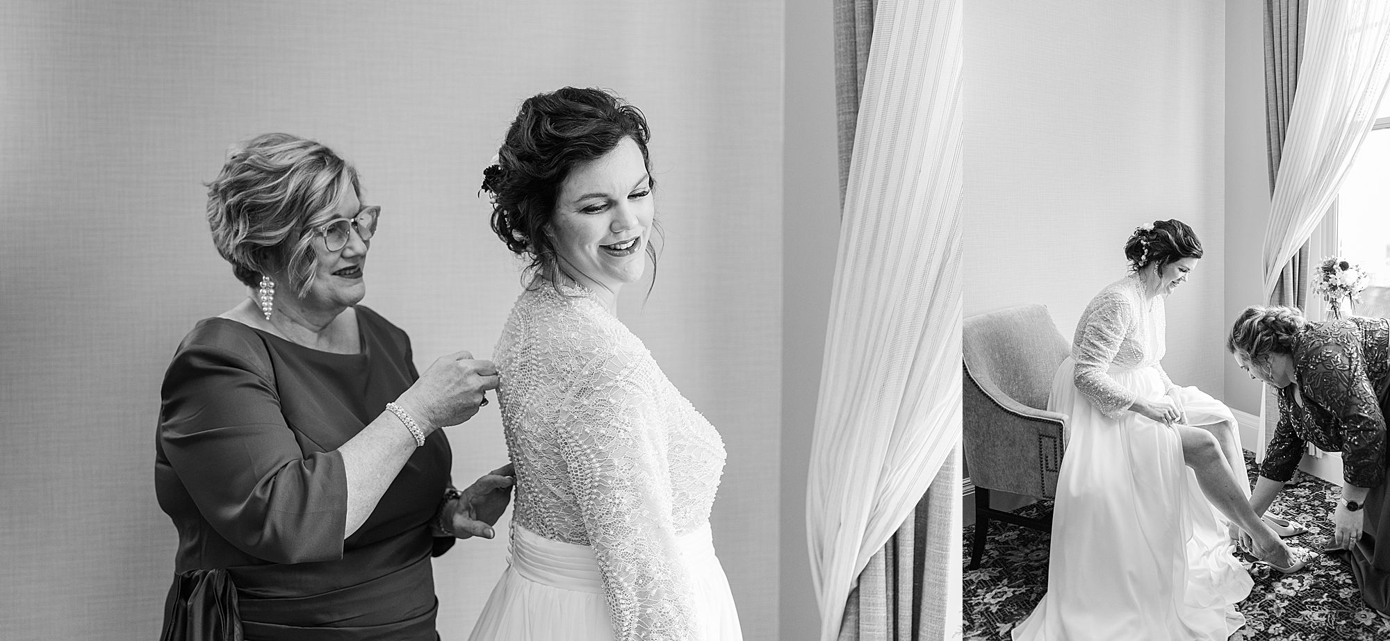 zipping up the wedding gown