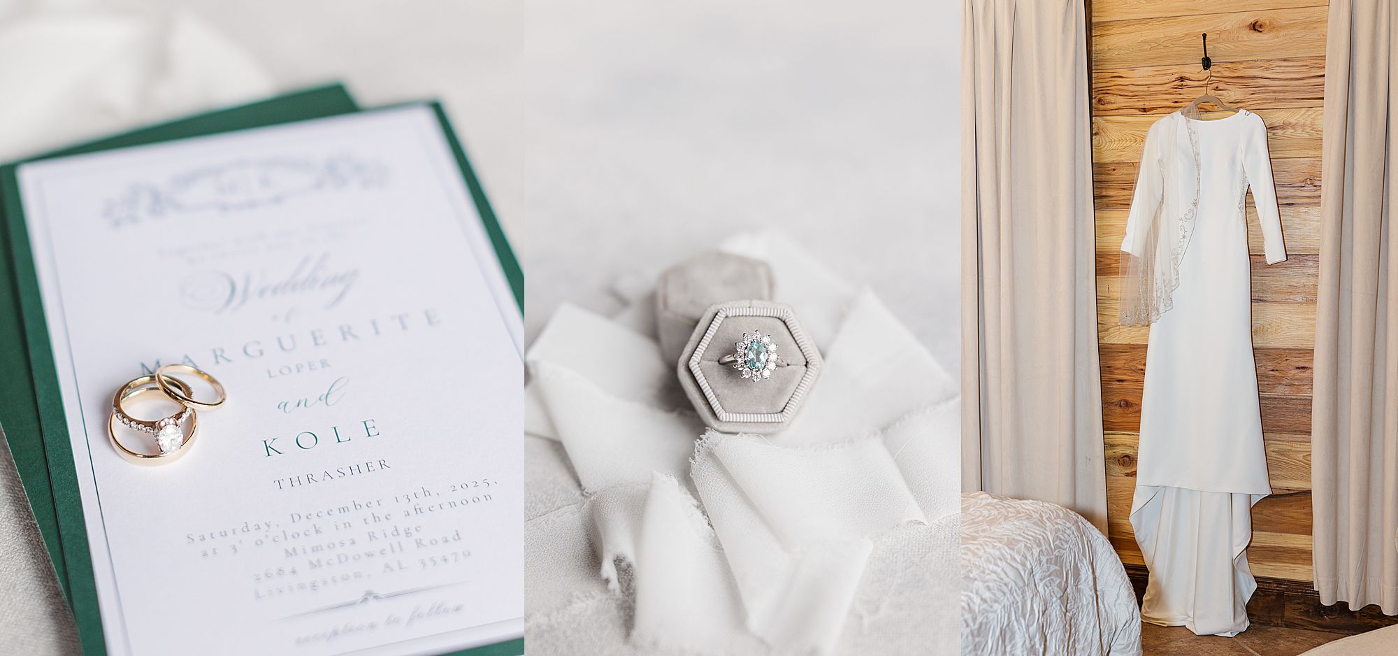 bridal details photo of rings and dress