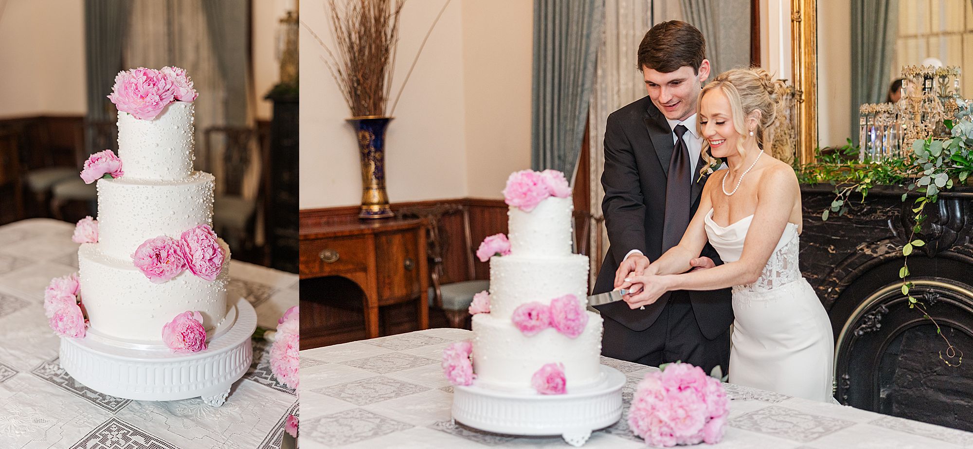 bride and groom cut the cake
