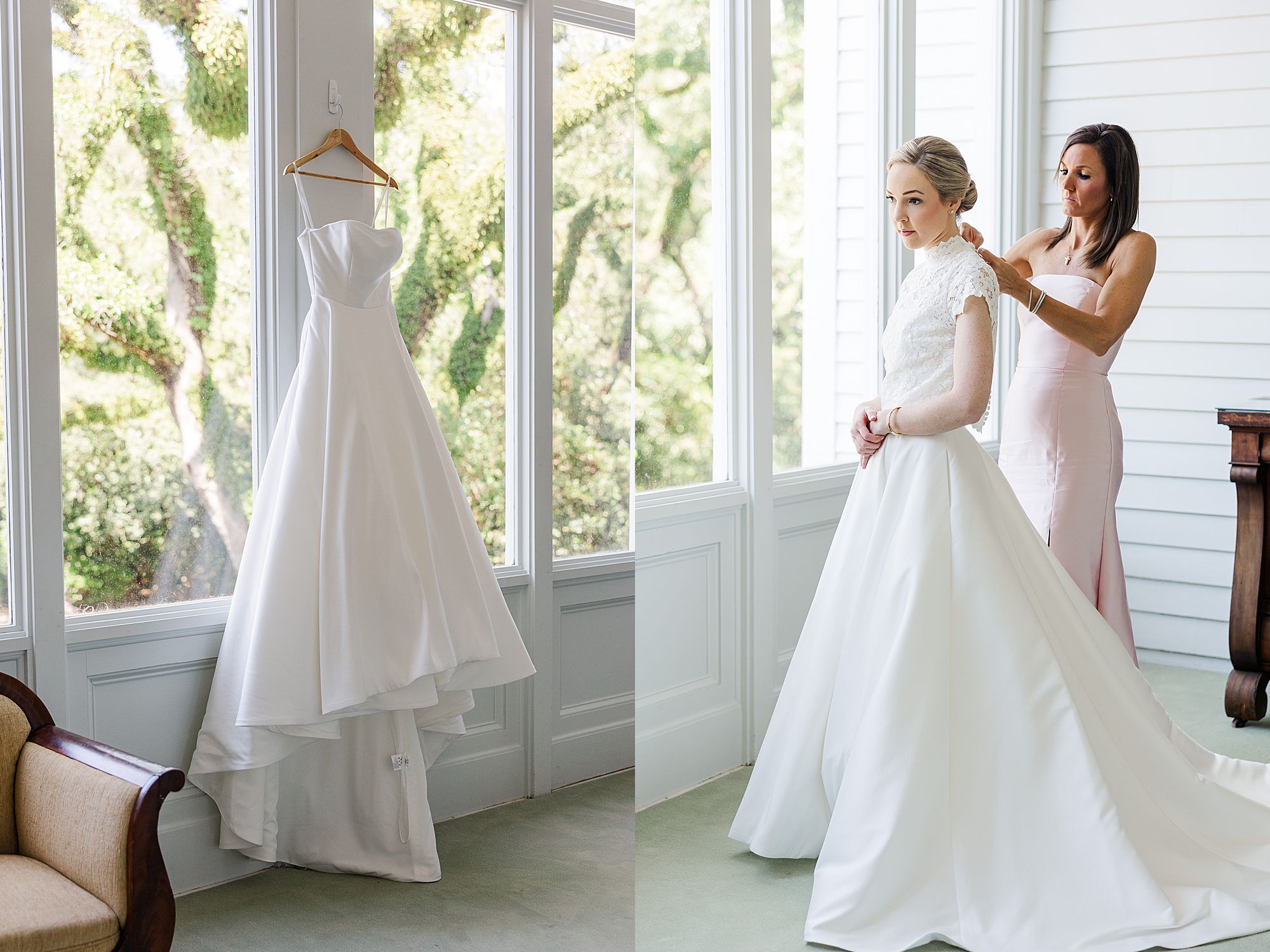 Bride steps into wedding dress 