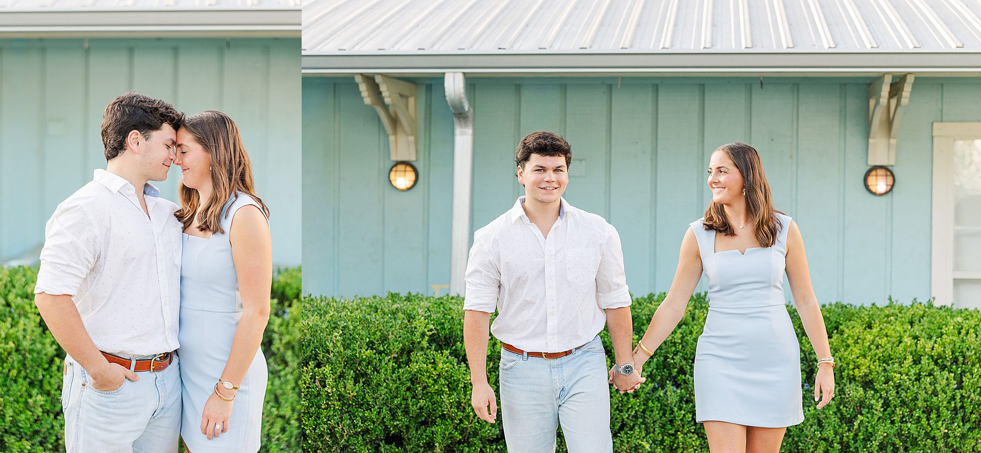 Photos in front of blue wall for engagement session