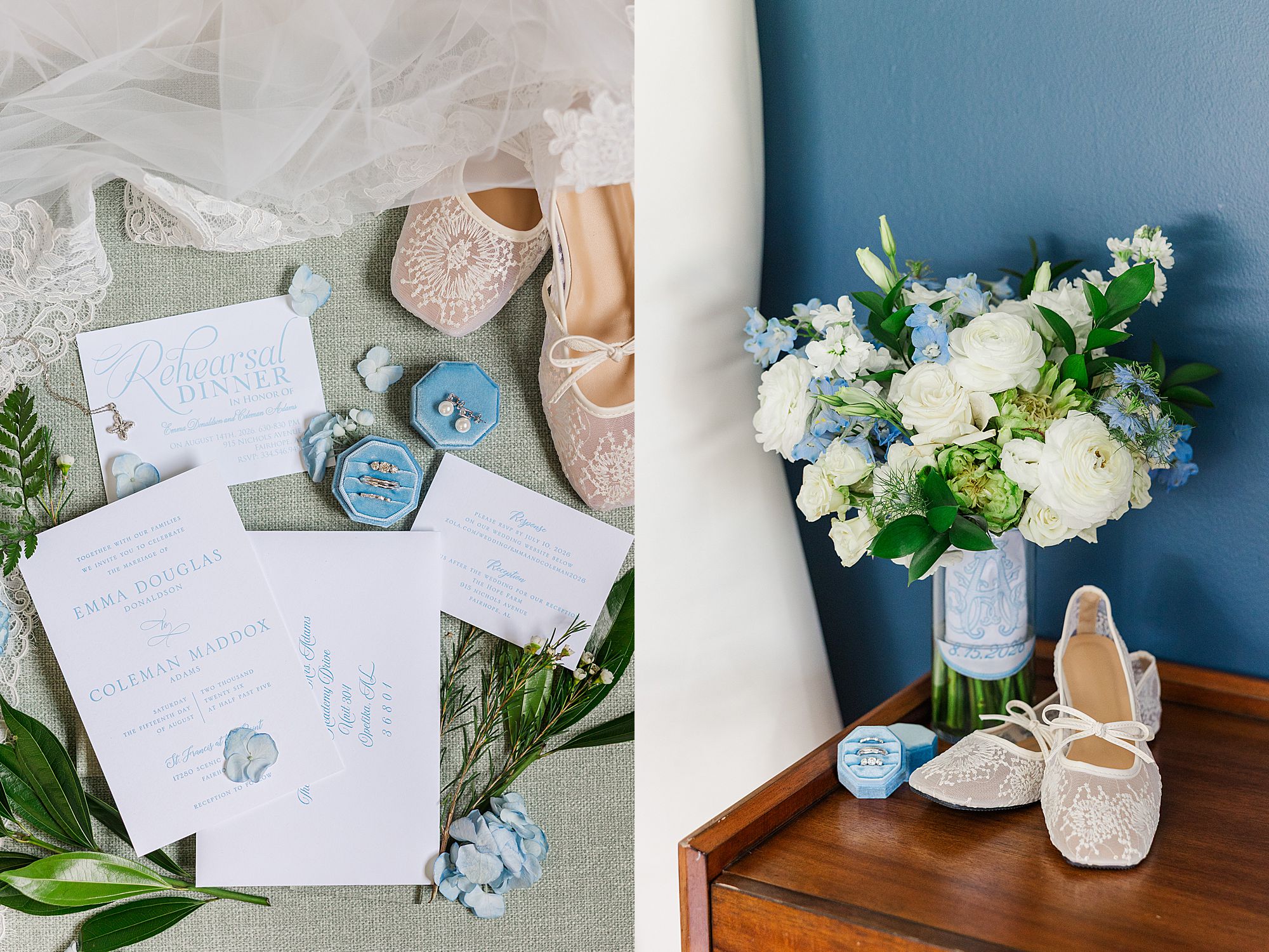Bridal flat lay blue and white
