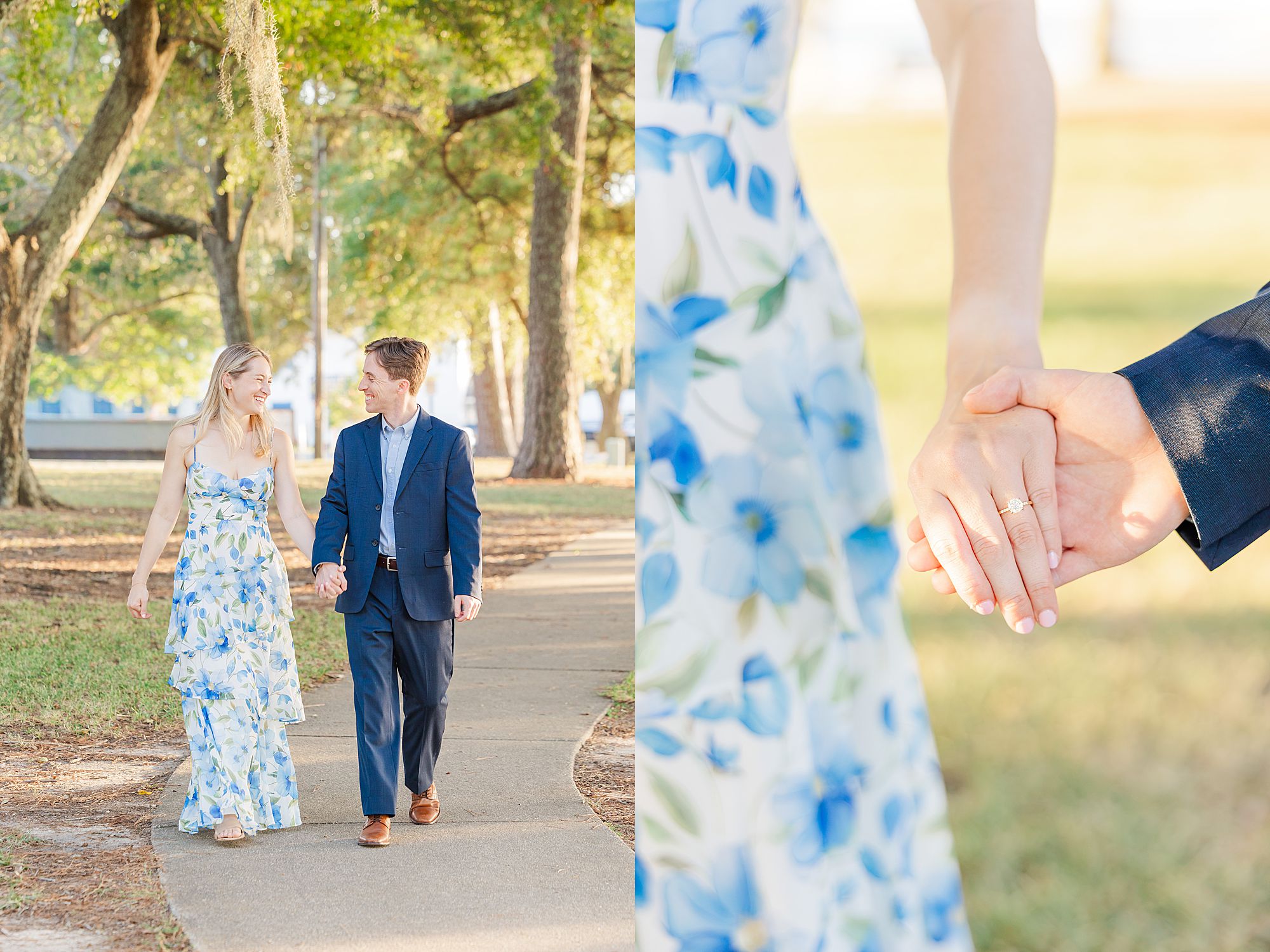 blue dress engagement photos