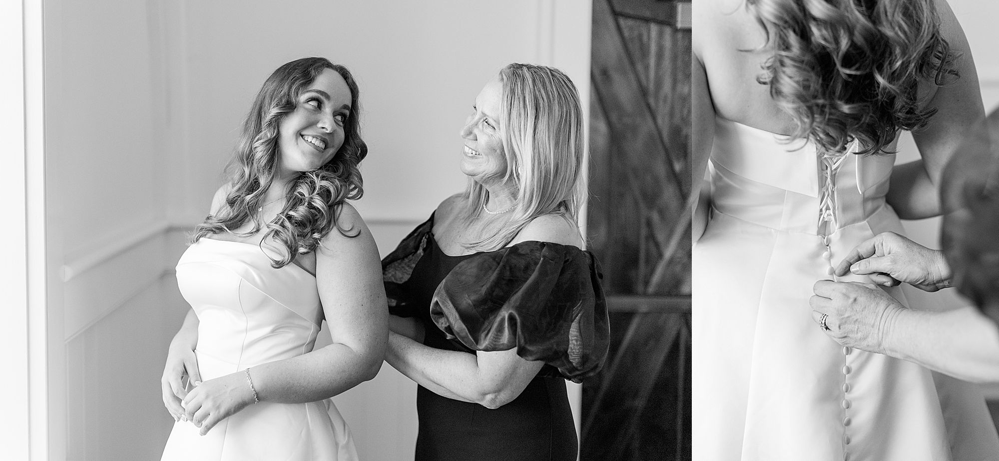 Mother of the bride helps daughter into wedding gown