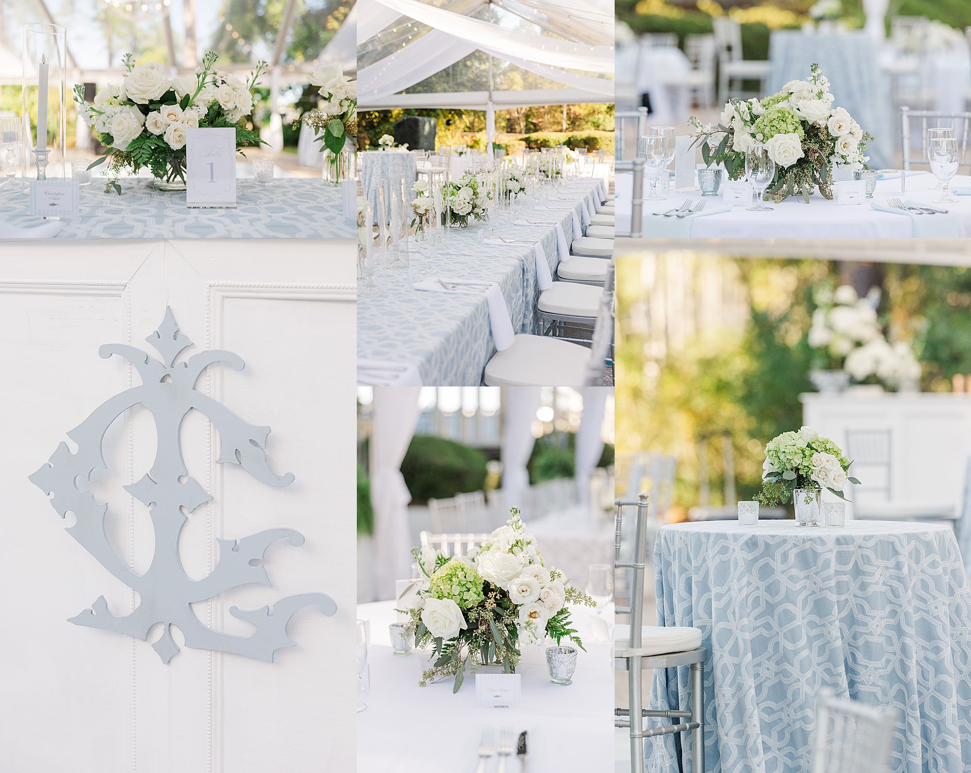 Wedding reception details - blue and white